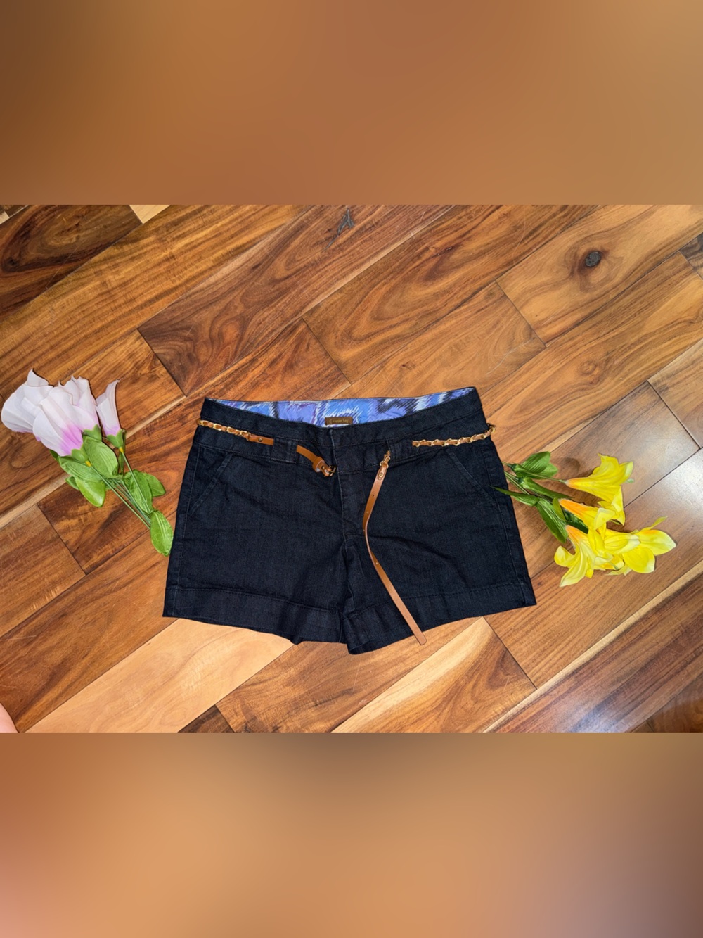 Copper Key Dark Navy Denim Jean Shorts with Brown Belt
